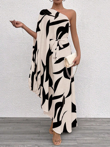Fashionable Asymmetric Collar Cape Sleeve Floor-Length Dress With Color-Blocking And Print Pattern For Summer