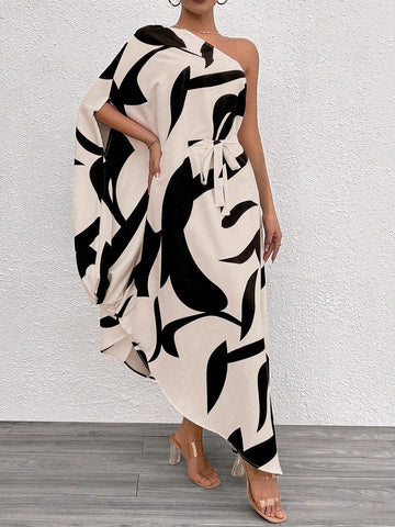 Fashionable Asymmetric Collar Cape Sleeve Floor-Length Dress With Color-Blocking And Print Pattern For Summer