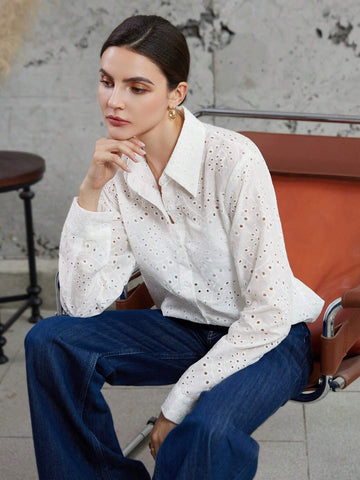 Privé Fashionable Casual Commuter Hollow Out Loose Embroidered Long Sleeve Shirt