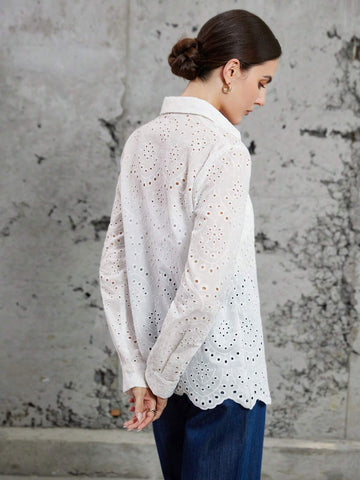 Privé Fashionable Casual Commuter Hollow Out Loose Embroidered Long Sleeve Shirt