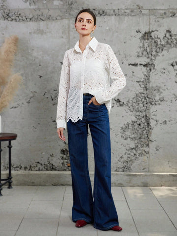 Privé Fashionable Casual Commuter Hollow Out Loose Embroidered Long Sleeve Shirt