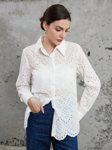 Privé Fashionable Casual Commuter Hollow Out Loose Embroidered Long Sleeve Shirt