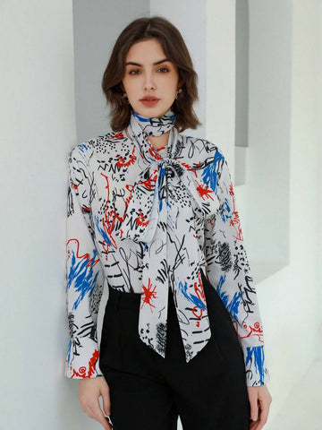 Privé Fashionable Commuter Graffiti Pattern Printed Necktie Bow-Tie Detail Long Sleeve Women Shirt