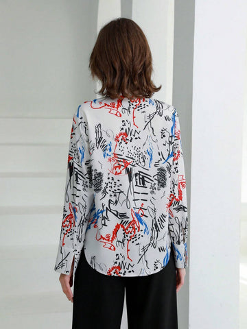 Privé Fashionable Commuter Graffiti Pattern Printed Necktie Bow-Tie Detail Long Sleeve Women Shirt