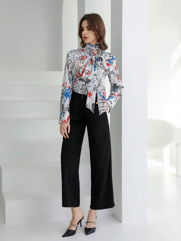 Privé Fashionable Commuter Graffiti Pattern Printed Necktie Bow-Tie Detail Long Sleeve Women Shirt