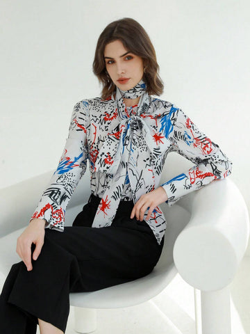 Privé Fashionable Commuter Graffiti Pattern Printed Necktie Bow-Tie Detail Long Sleeve Women Shirt
