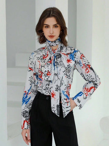 Privé Fashionable Commuter Graffiti Pattern Printed Necktie Bow-Tie Detail Long Sleeve Women Shirt