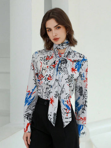 Privé Fashionable Commuter Graffiti Pattern Printed Necktie Bow-Tie Detail Long Sleeve Women Shirt
