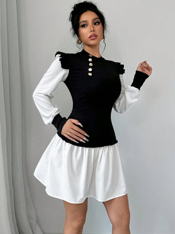 Fashionable Contrast Color Ruffle Trim Fitted Midi Dress