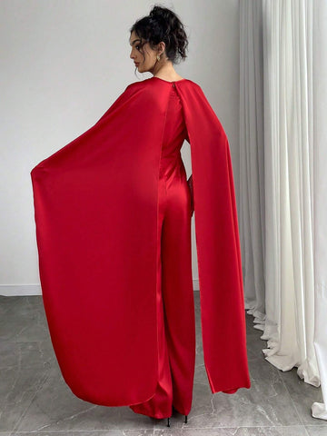 Fashionable Glamorous Solid Color Poncho Jumpsuit