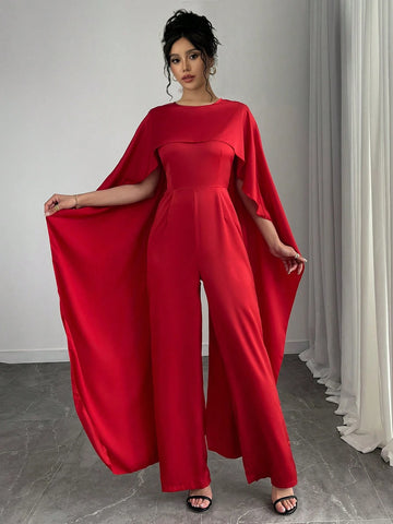 Fashionable Glamorous Solid Color Poncho Jumpsuit