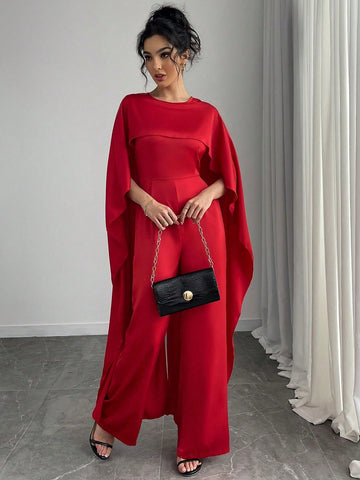Fashionable Glamorous Solid Color Poncho Jumpsuit
