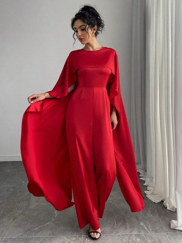 Fashionable Glamorous Solid Color Poncho Jumpsuit