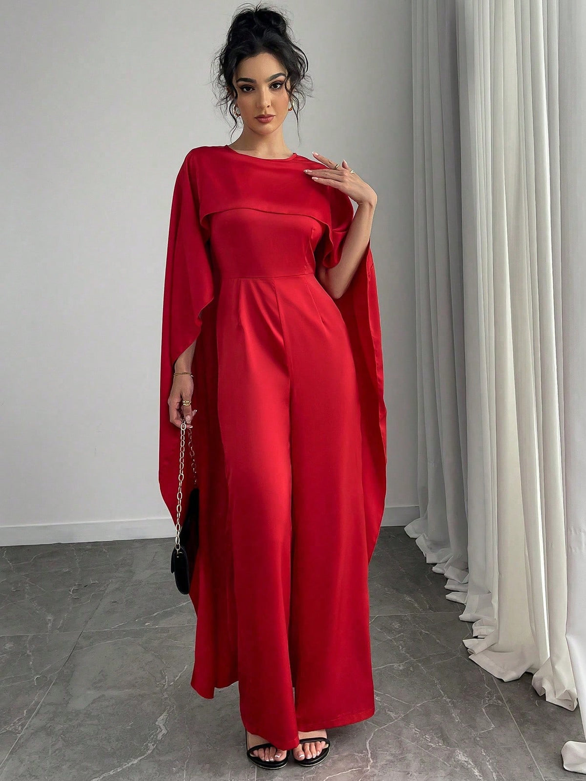 Fashionable Glamorous Solid Color Poncho Jumpsuit