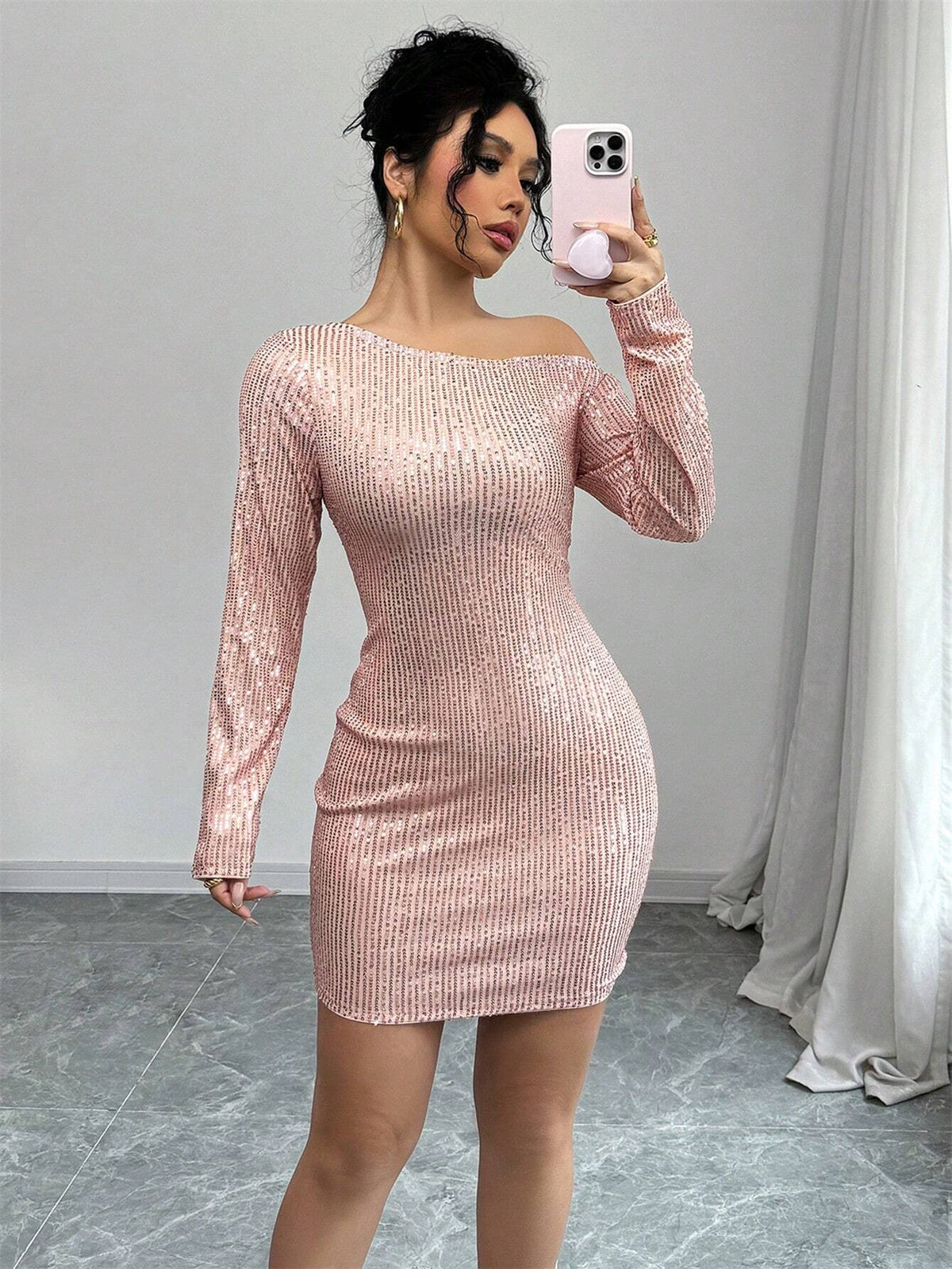 Fashionable Glitter Bodycon Party Dress, Asymmetric Neckline, Shoulder Cut-Out, Sexy Skinny Fit, Slimming