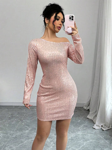 Fashionable Glitter Bodycon Party Dress, Asymmetric Neckline, Shoulder Cut-Out, Sexy Skinny Fit, Slimming
