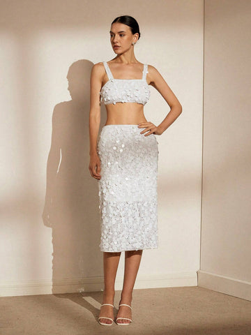 Fashionable Heavy-Duty Sequin Strap Long Dress 2pcs/Set