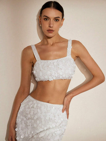 Fashionable Heavy-Duty Sequin Strap Long Dress 2pcs/Set