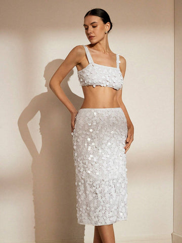 Fashionable Heavy-Duty Sequin Strap Long Dress 2pcs/Set