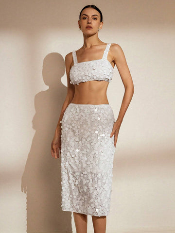 Fashionable Heavy-Duty Sequin Strap Long Dress 2pcs/Set