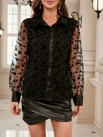 Privé Fashionable Plush Butterfly Printed Glossy Fabric Transparent Back Sexy Style Women Summer Crop Top