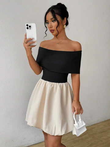 Fashionable Sexy Women's Off-Shoulder Color Block Bubble Dress With Waist Cincher, Europe An