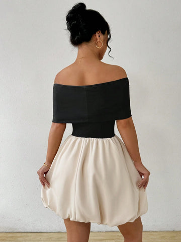 Fashionable Sexy Women's Off-Shoulder Color Block Bubble Dress With Waist Cincher, Europe An