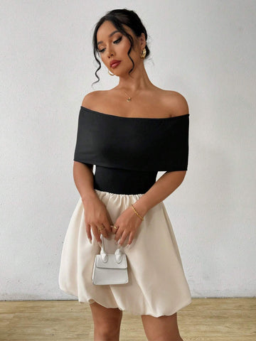 Fashionable Sexy Women's Off-Shoulder Color Block Bubble Dress With Waist Cincher, Europe An