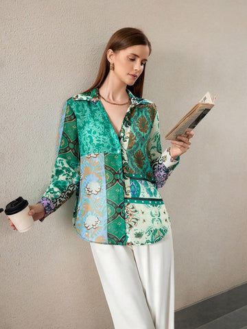Privé Fashionable Splicing Printed Chiffon Front Button Long Sleeve Shirt For Spring And Summer
