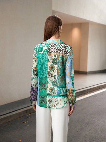 Privé Fashionable Splicing Printed Chiffon Front Button Long Sleeve Shirt For Spring And Summer