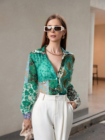 Privé Fashionable Splicing Printed Chiffon Front Button Long Sleeve Shirt For Spring And Summer