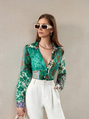 Privé Fashionable Splicing Printed Chiffon Front Button Long Sleeve Shirt For Spring And Summer