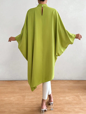 Privé Fashionable Spring/Summer Solid Color Stand Collar Batwing Sleeve Asymmetrical Hem Shirt