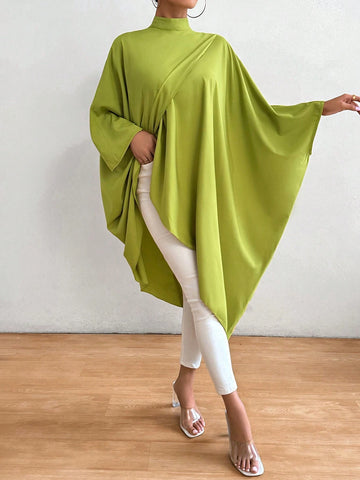 Privé Fashionable Spring/Summer Solid Color Stand Collar Batwing Sleeve Asymmetrical Hem Shirt