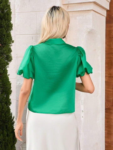 Privé Fashionable Summer 3D Ruffle Trim Puff Sleeve Shirt With Curly Lace Decoration