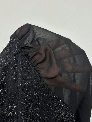 Fashionable Versatile V-Neck Pleated Ruffled Sequin Chiffon Bell Sleeve Party Dress For Women