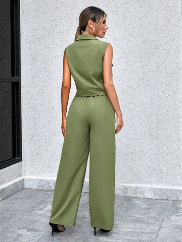 Flap Detail Button Front Vest Jacket & Wide Leg Pants