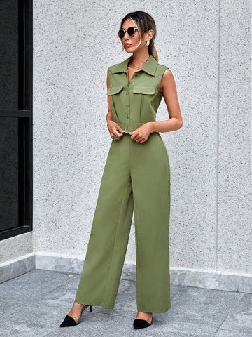 Flap Detail Button Front Vest Jacket & Wide Leg Pants