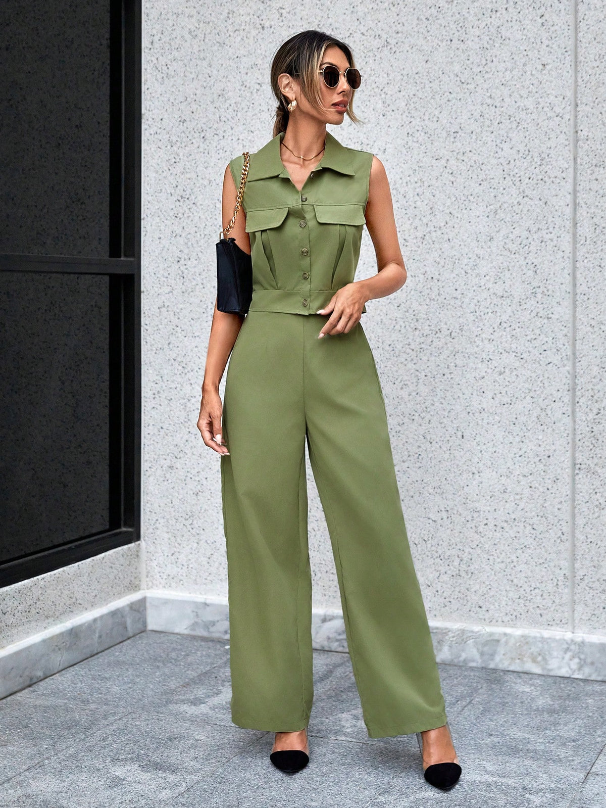 Flap Detail Button Front Vest Jacket & Wide Leg Pants