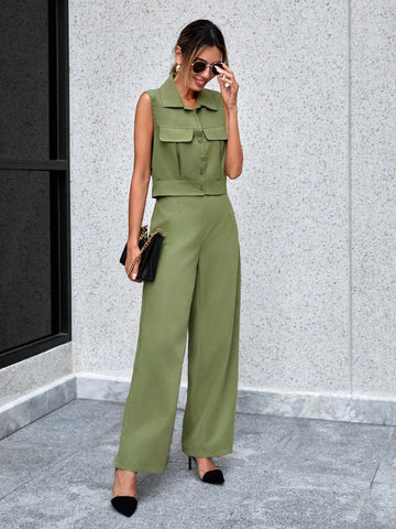 Flap Detail Button Front Vest Jacket & Wide Leg Pants