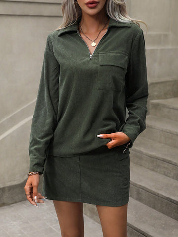 Flap Pocket Half Zip Blouse & Skirt