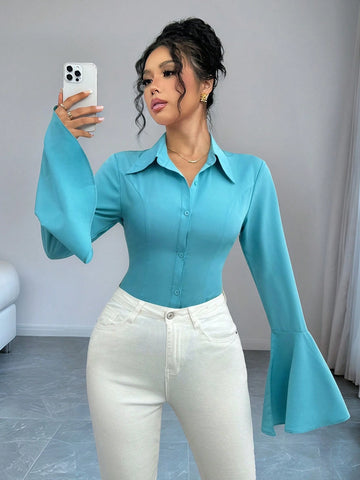 Privé Flared Sleeve Open Front Long Sleeve Cinched Waist Casual Blue Shirt