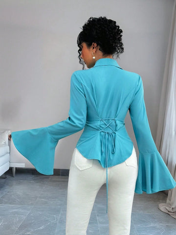 Privé Flared Sleeve Open Front Long Sleeve Cinched Waist Casual Blue Shirt