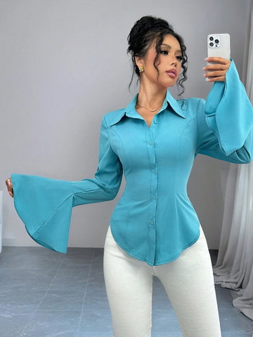 Privé Flared Sleeve Open Front Long Sleeve Cinched Waist Casual Blue Shirt