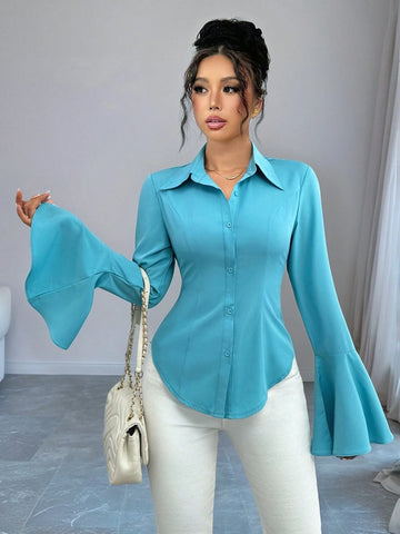 Privé Flared Sleeve Open Front Long Sleeve Cinched Waist Casual Blue Shirt