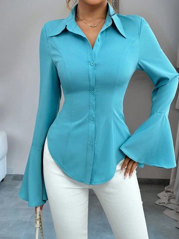 Privé Flared Sleeve Open Front Long Sleeve Cinched Waist Casual Blue Shirt