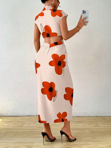 Floral All-Over Print Long Casual Dress With Buttoned Collar