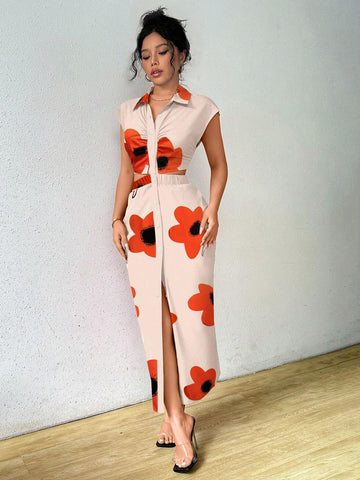 Floral All-Over Print Long Casual Dress With Buttoned Collar
