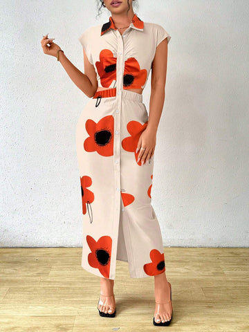 Floral All-Over Print Long Casual Dress With Buttoned Collar