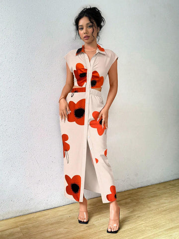 Floral All-Over Print Long Casual Dress With Buttoned Collar